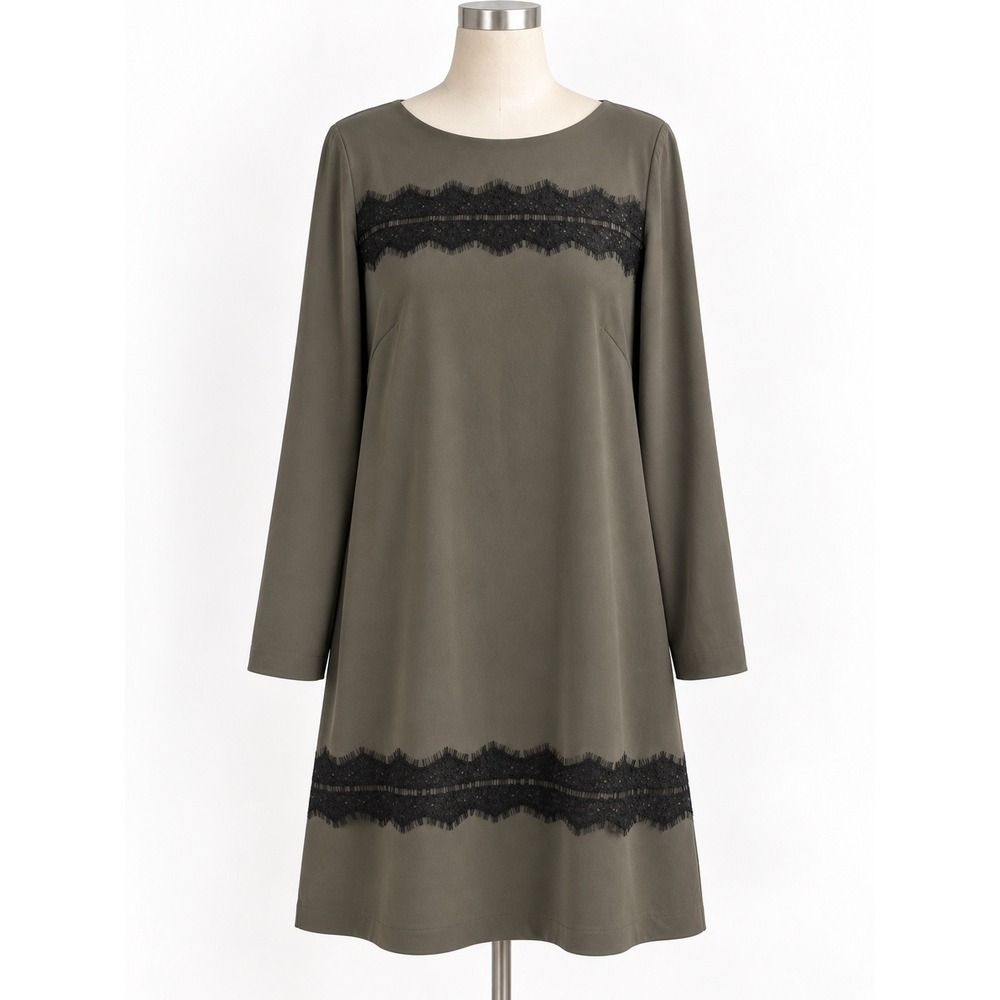 Ann Taylor Shift Dress Size 14 Olive Green Lace Trim LS Office Fall Fashion NWT